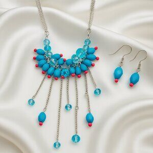 Turquoise & Red Beaded Statement Necklace & Earrings – Silver Fringe Multi-Chain
